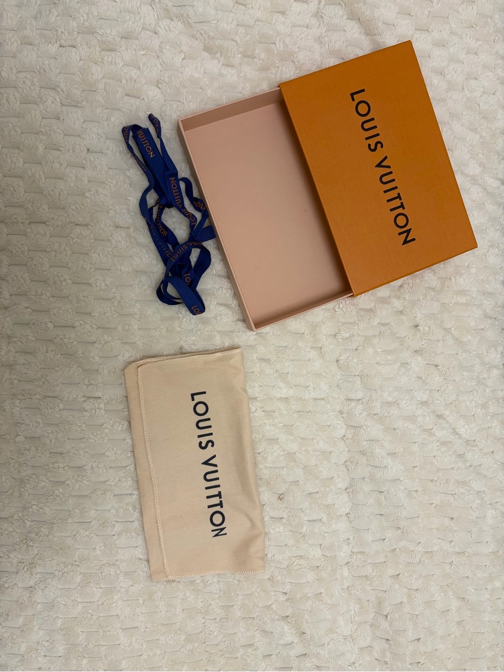Louis Vuitton Beige Dust Bag with Orange Box and Blue ribbon